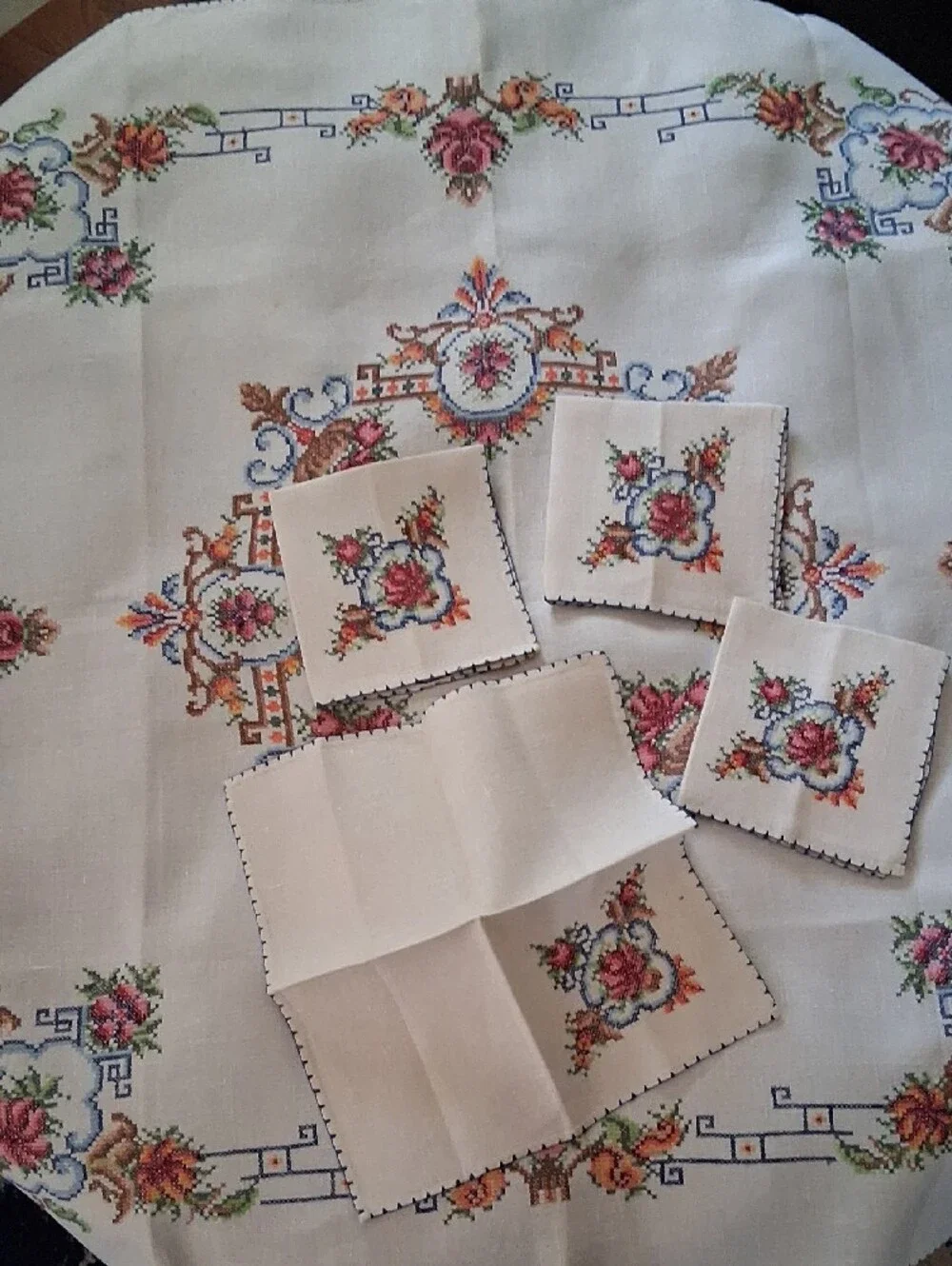 Vintage Cross-stiched Floral Table Linen Set - Cream with Pink & Green Accents